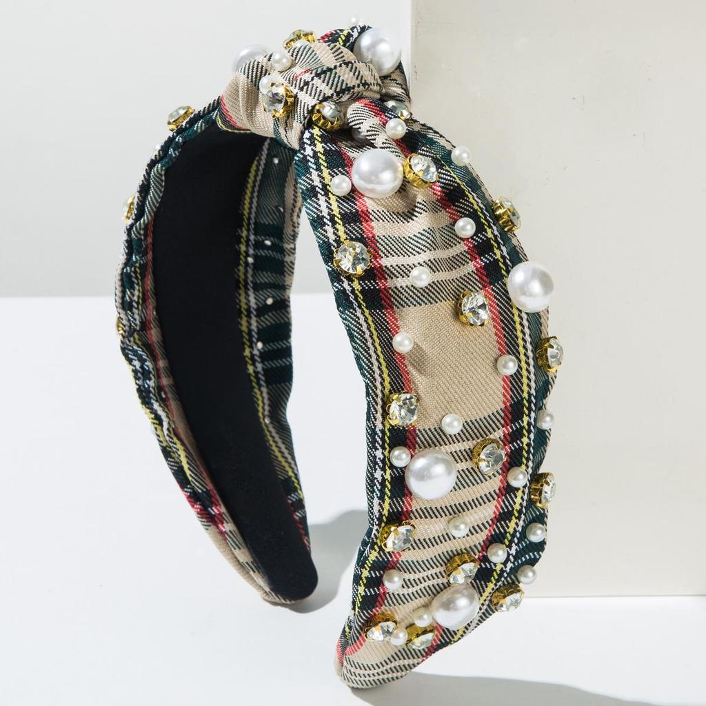 Fashionable Classic Plaid Fabric Headband Women's Nail Bead Rhinestone High-end Feeling Small Fragrance Hair Accessory