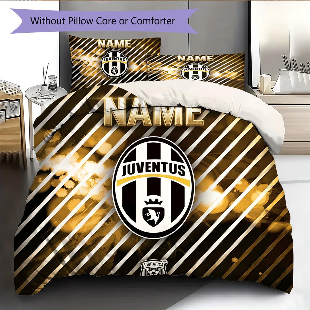 Custom Name Juventus Football Club Pattern Bedding Quilt Set Home Decoration Gift (1 * Duvet Cover + 2 * Pillowcase Without Core)