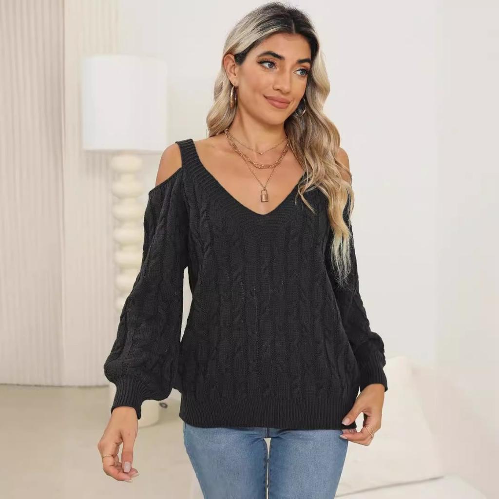 Women's Deep V Off Shoulder Loose Slouchy Knit Pullover Sweater, Fall Winter  Basic Top for Ladies