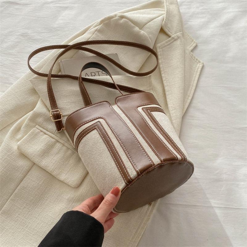 

Contrasting Color Bucket Bag Personalized Trend PU Leather Simple Handbag Retro Messenger Bags Women