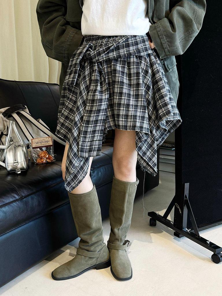 Xu Man Korean Retro Plaid Irregular Hem Tall Slimming Skirt for Women