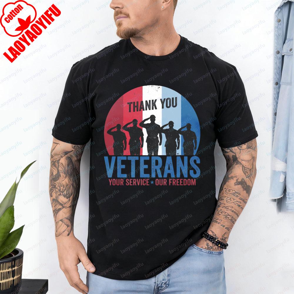 Thank You Veterans TShirt Salute Soldier Silhouette Patriotic Casual Cotton Tee Retro Veterans Day Tops Classic Mens Clothing