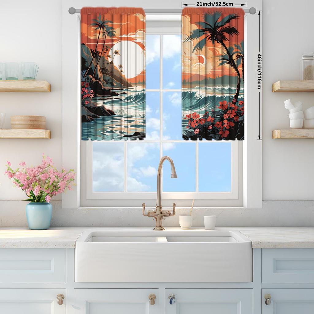2pcs Coastal Coconut Tree Sunset Landscape Illustration Curtains   Suitable for Decorating Various Rooms