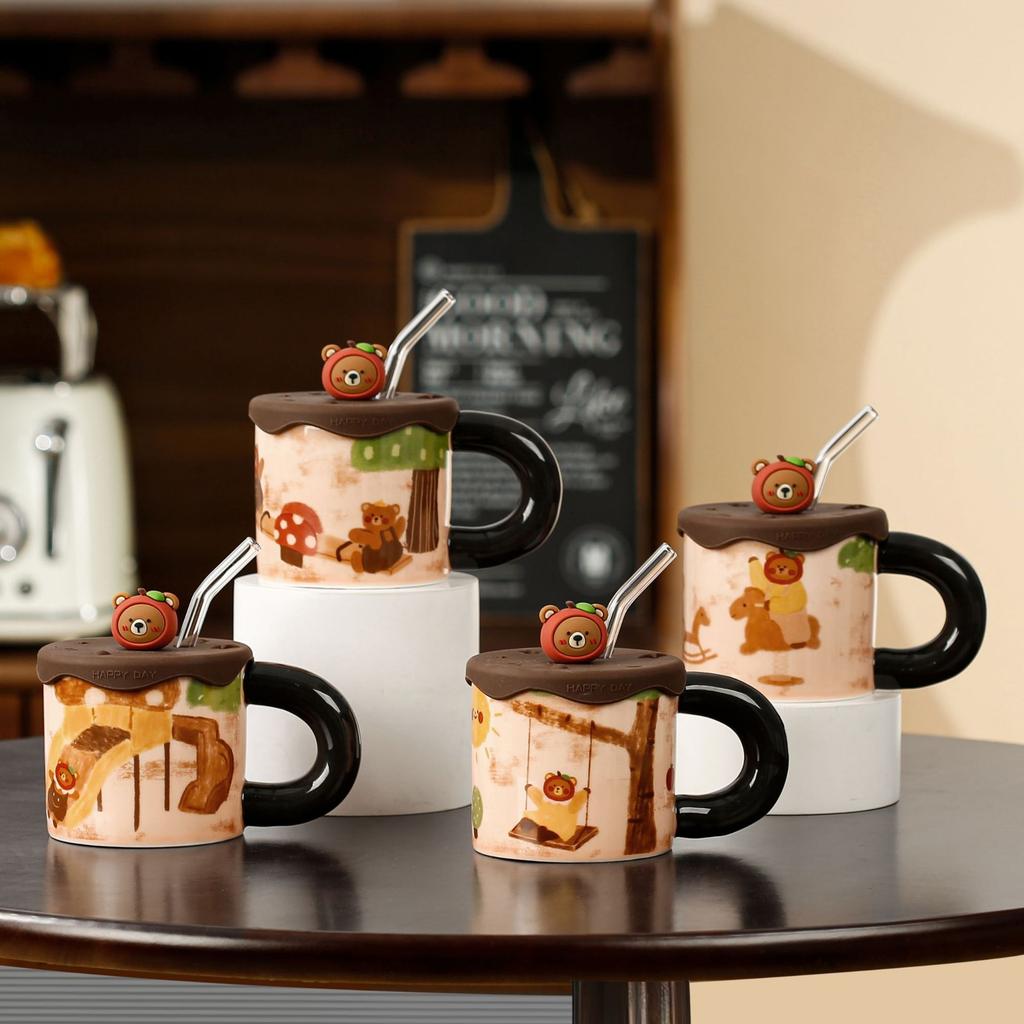 Cute Apple Bear Ceramic Cup with Silicone Lid Straw Water Cup High Precision Cute Mug Household Cup Gift