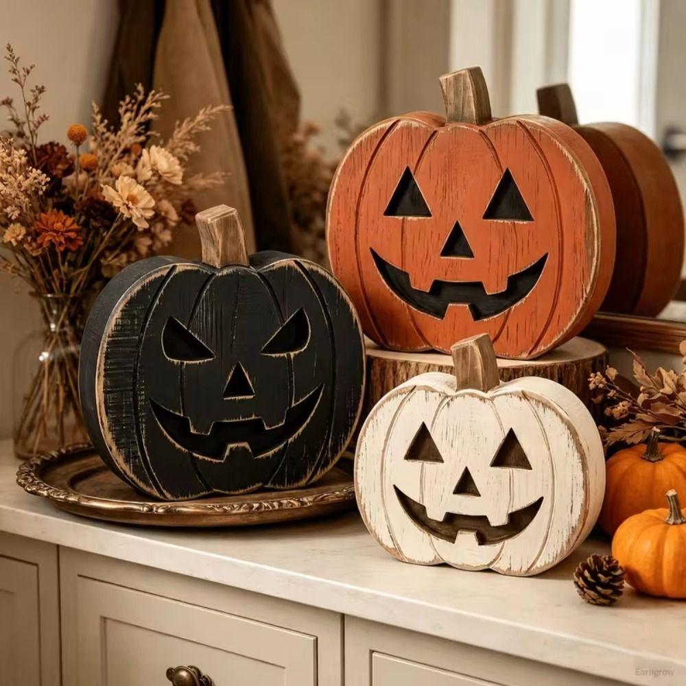 3PCS Freestanding Wooden Pumpkin Hand Painted Halloween Ornament Tiered Tray Decor Alloween Party