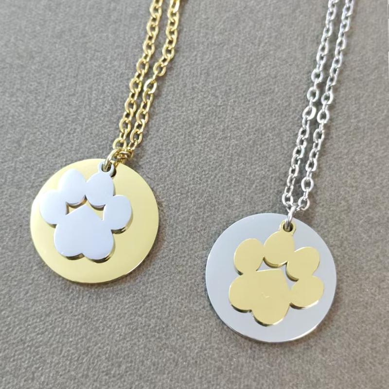 10pcs Lot 304 Stainless Steel Mirror Polish Necklace Round Charms with Dog Paw Pendant Necklace Fashion Necklace