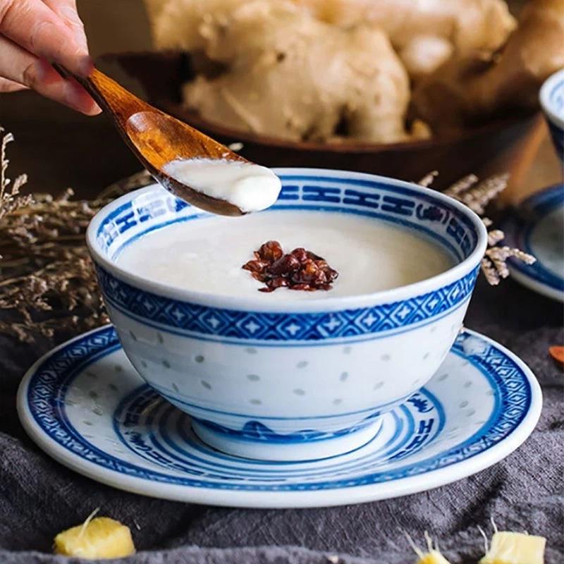 Conjunto Tigela Dragão Porcelana Azul e Branca – Tigelas Cerâmicas para Sopa de Arroz e Macarrão Prato Sob Esmalte