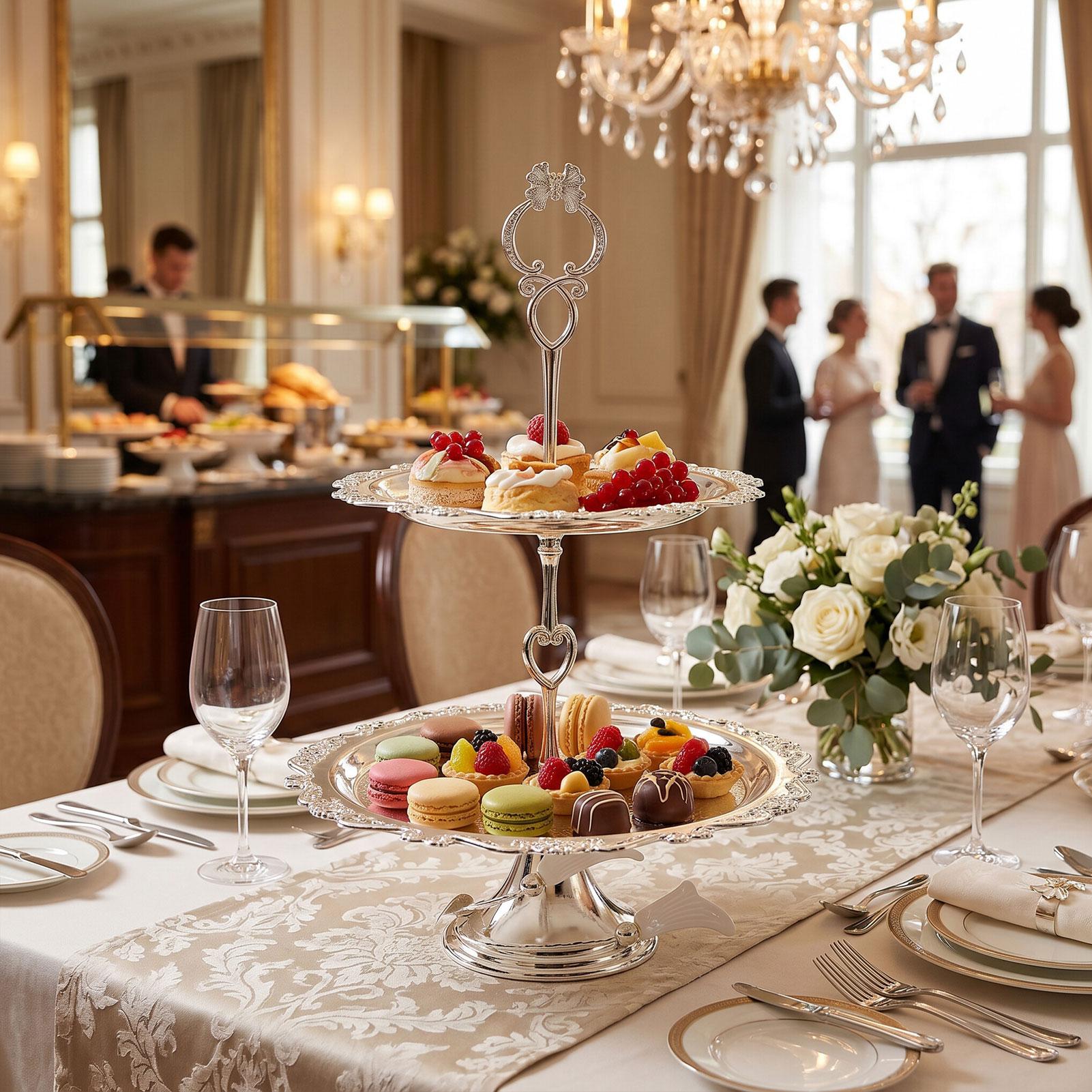 Support à Desserts Double Couche avec Dentelle   Européen   Décoration Plateau de Service Mariage Hôtel Présentoir à Fruits Secs et Snacks