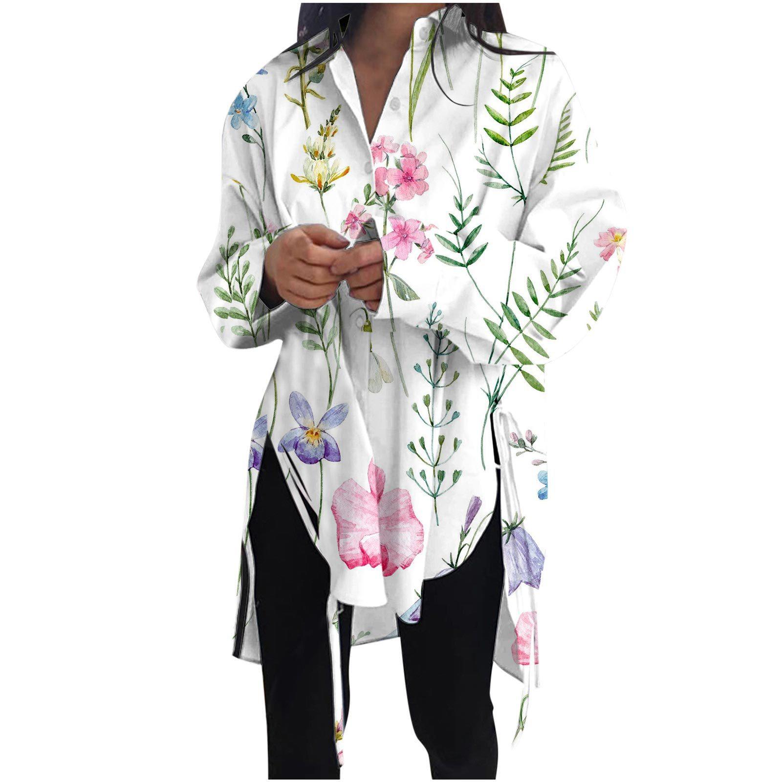 

Модная женская блузка, повседневная рубашка с отложным воротником и длинным рукавом с разрезом подол XXL