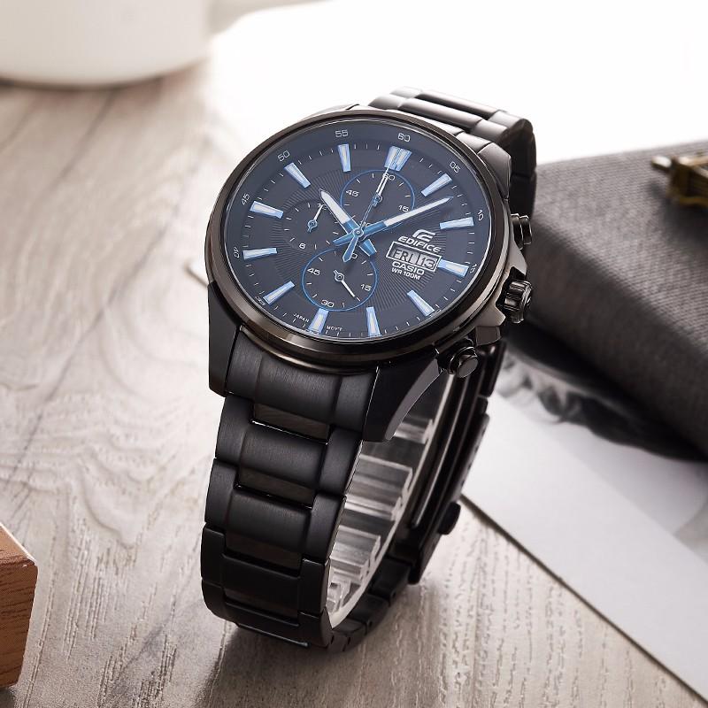Casio EDIFICE Series Heart of Darkness All Black IP Coated Three Eyes Waterproof Casual Watch Quartz Movement Stainless Steel Strap EFB-509DC-1A