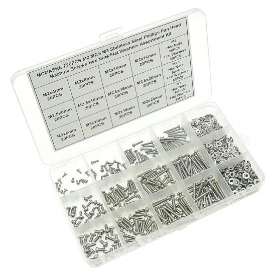 720PCS M2 M2.5 M3 Stainless Steel Phillips Pan Head Machine Screws Nuts Flat Washers Assortment Kit