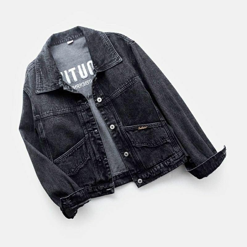 Damen Herbst Koreanischer Stil Jeans Kurzjacke All-Match Bestickte Jacke Lässiger Lockerer Einfarbiger Mantel Damen