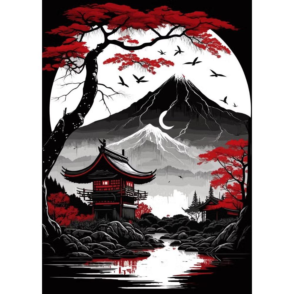 

Японский природный пейзаж горный храм холст картины красные черные постеры винтажные чернила художественные настенные принты для комнаты домашний декор 21*30cm No Frame