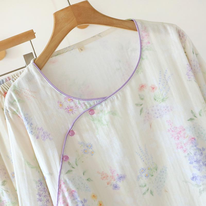 Damen Pyjama-Set aus reiner Baumwolle - Süßer chinesischer Stil, Langarm & Hose, mit Seitentaschen, Lockerer Schnitt für Frühling, Sommer und Herbst.