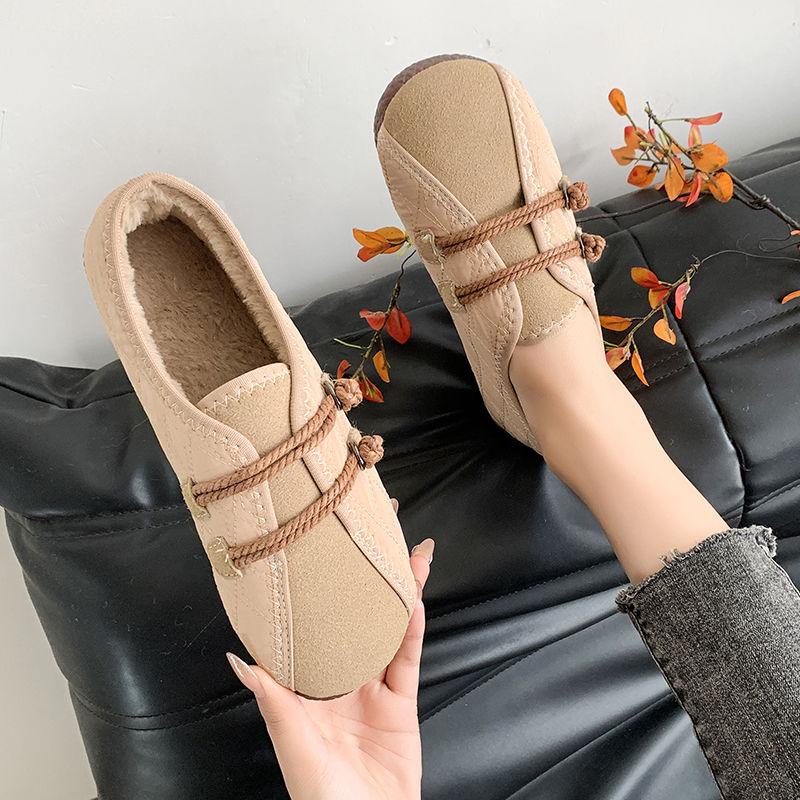 Fashion New winter plush flats women's warm slip on shoes grandma casual walking loafer leatherette flats elderly woman granny moccasin