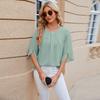 Solid Colour Round Neck Five-quarter Sleeve Short Sleeve,loose Chiffon Shirt Tops for Women