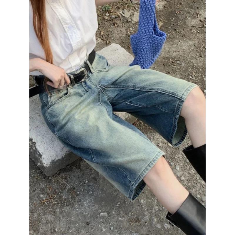 Woman Man Vintage Gradient Jeans Women 2024 Summer New Straight Knee Length Shorts Y2k Grunge High Waist Loose Wide Leg Pants