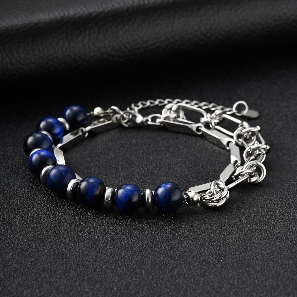 Vnox Men's Stainless Steel Double Layer Blue Tiger Eye Bracelet, Hip Hop Beads Adjustable Chain Wristband, Cool Fashion Jewelry