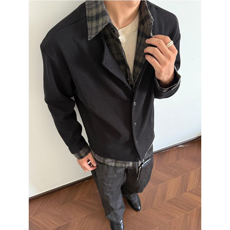 EME Autumn Faux Two-Piece Plaid Jacket - Old Money Style, Unisex Casual Shirt Collar Top Large