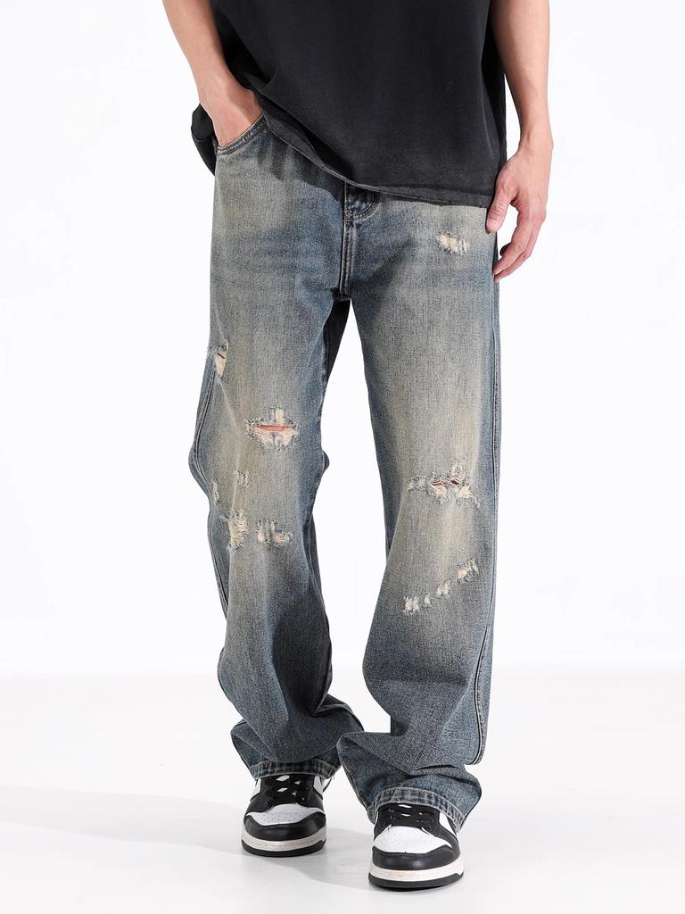 American Retro Old Ripped Jeans Men's Summer Thin Loose Wide Legs Mopping the Floor Personalized Straight Trousers Men