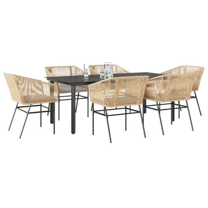 VidaXL Ensemble à manger jardin coussins 7pcs marron poly rotin verre, ensemble de salle à manger d'extérieur 3334623