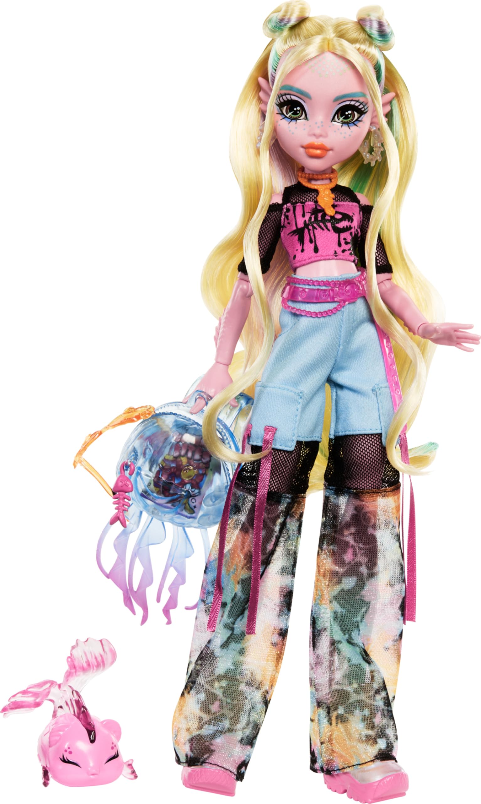 

Monster High Laguna Blue Doll Mesh Tee and Cargo Pants Set with Pet Fish Notebook and Other Neptune, Backpack, Snacks, Accessories.