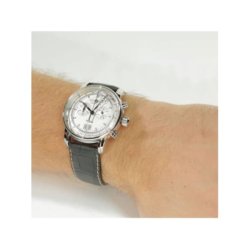 Graf Zeppelin Chronograph Big Date Watch with 12-Hour Counter and Leather Strap 7690-1, Black, Casual.