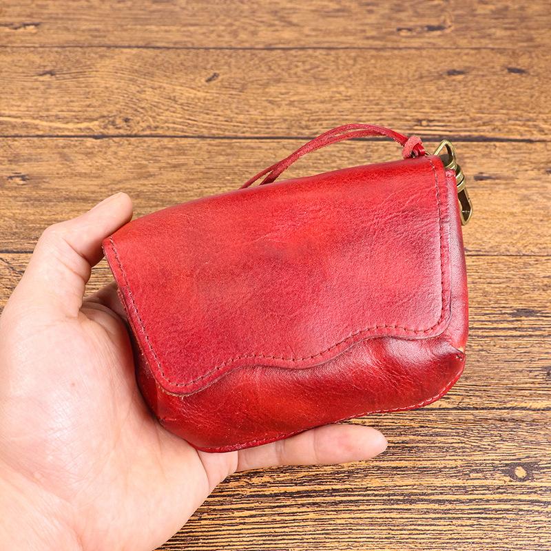 Head Layer Cowhide Key Bag for Men, Made of Aged Vegetable Tanned Leather, Pleated Waist, Hanging Key Buckle, Multifunctional Coin Purse