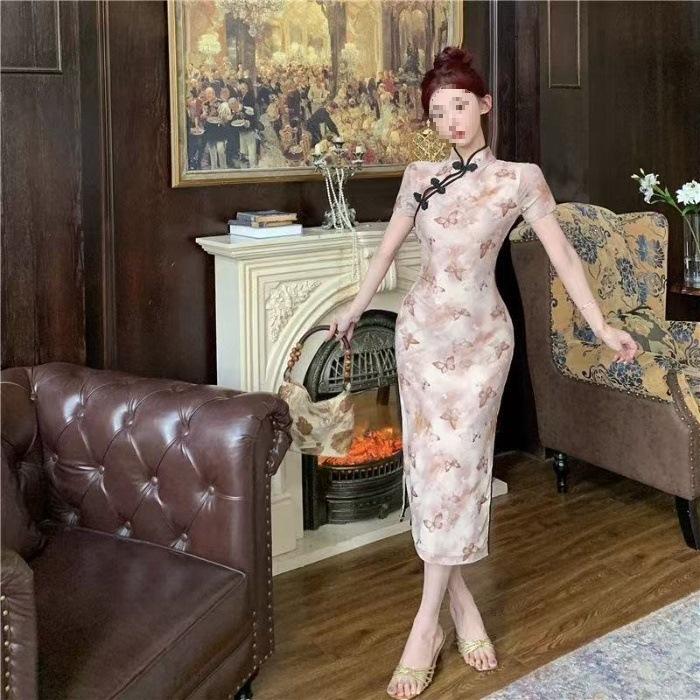 Chinese-style modified qipao printed dial button dress for women, summer wholesale slim-fit, waist-cinching, slit long dress