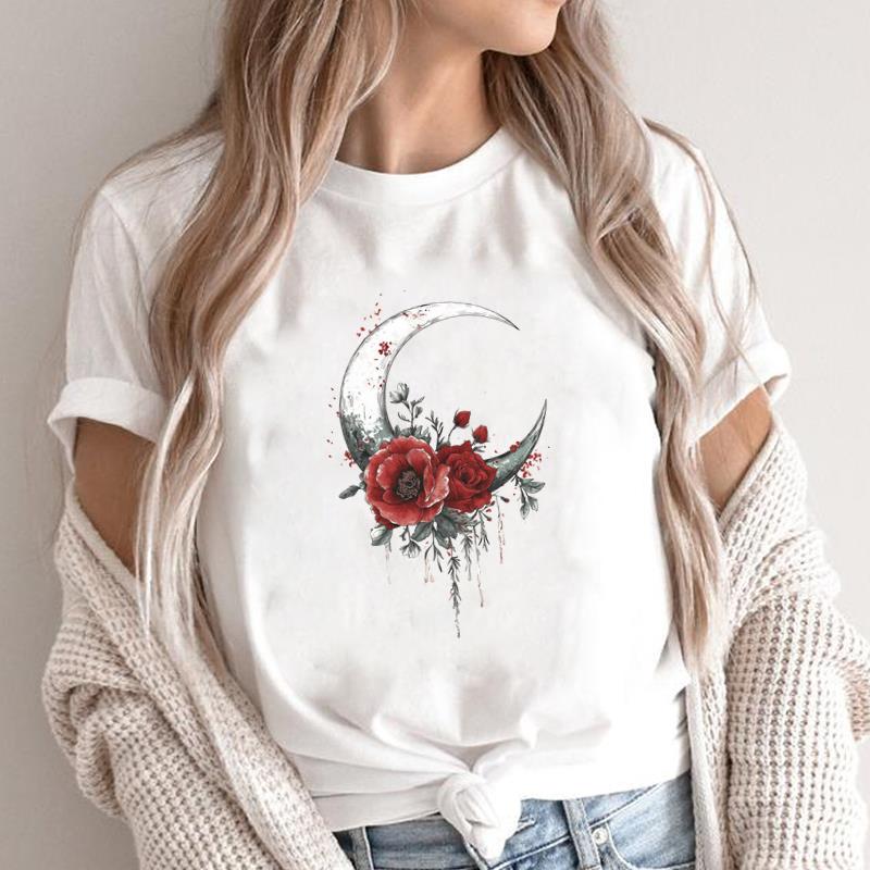 (Asian Size) lovely flower style 90s O-neck Short Sleeve T-shirts Print Casual Top T Graphic Tee Fashion Female Women's Clothing