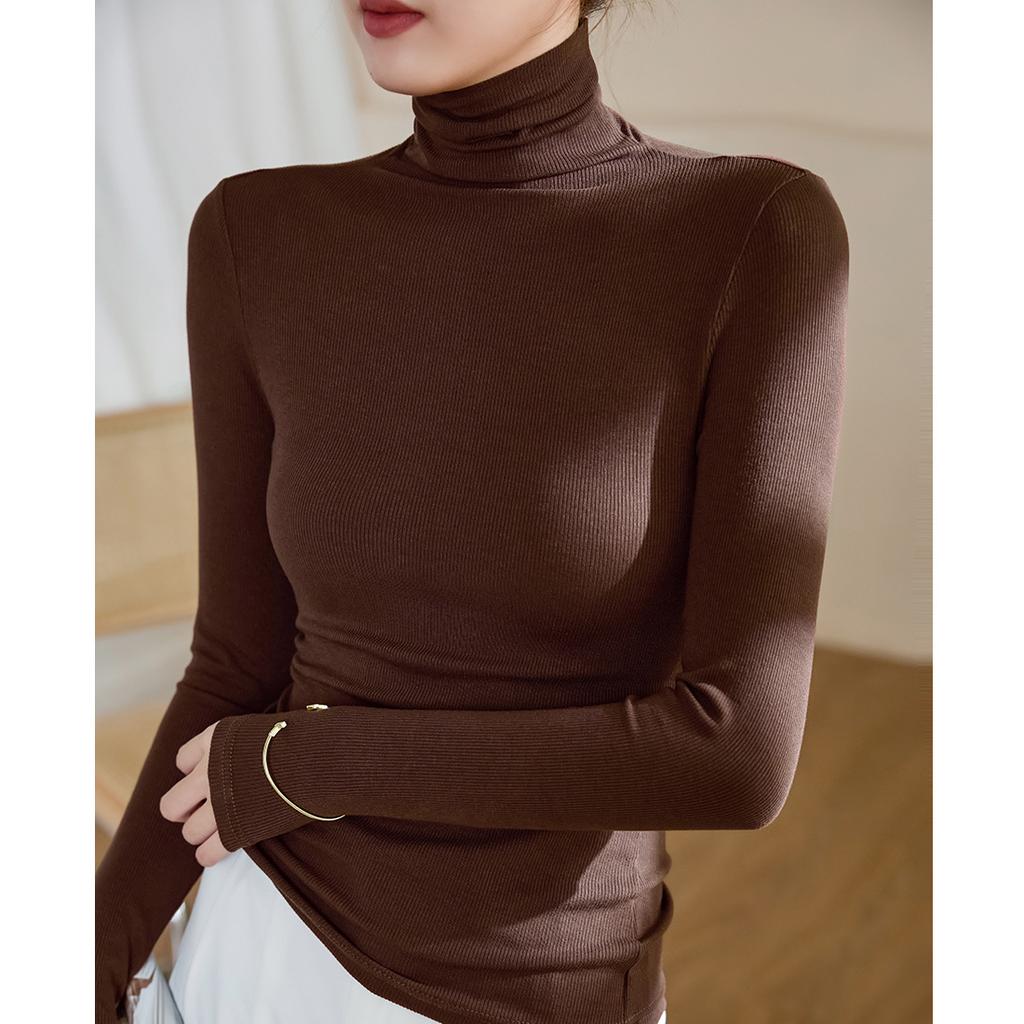 Threaded Cotton High-neck Base Shirt for Women Long-sleeved T-shirt Autumn and Winter Clothes Slim Fit and Shoulder Top