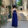 Summer New Hollow Waist and Thin Temperament Slanted Shoulder Vacation Blue Floral Long Dress Women
