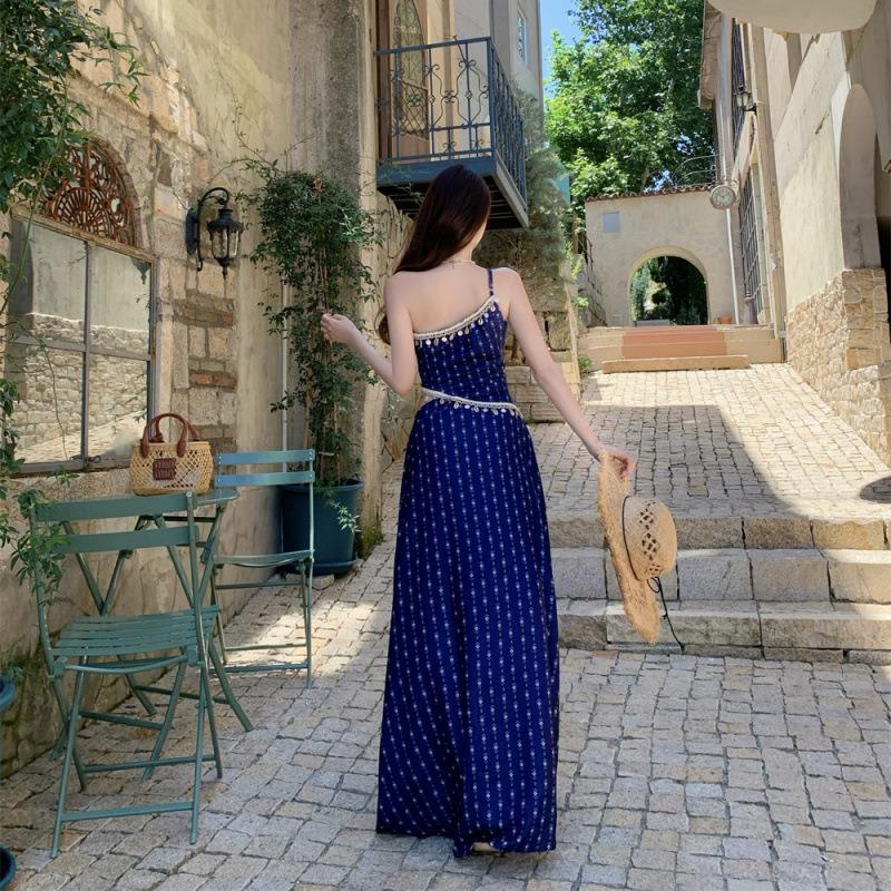 Summer New Hollow Waist and Thin Temperament Slanted Shoulder Vacation Blue Floral Long Dress Women
