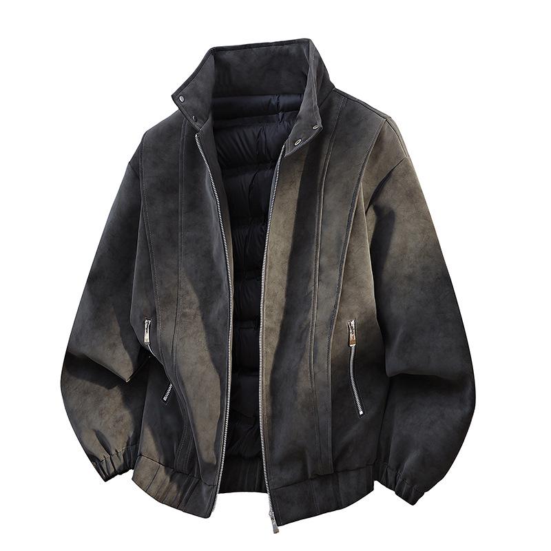 

Men s High-Quality Leather Jacket with 90% Duck Down, Stand Collar, Suede Plush, Light Luxury Fashion Outerwear M темно-сірий