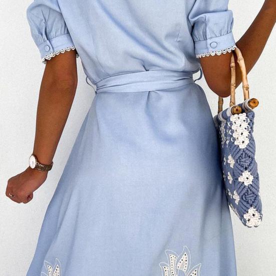 Mode Damen Kleid Stickerei Stehkragen Kurzarm Einreiher Ausgeschnittenes Hemd