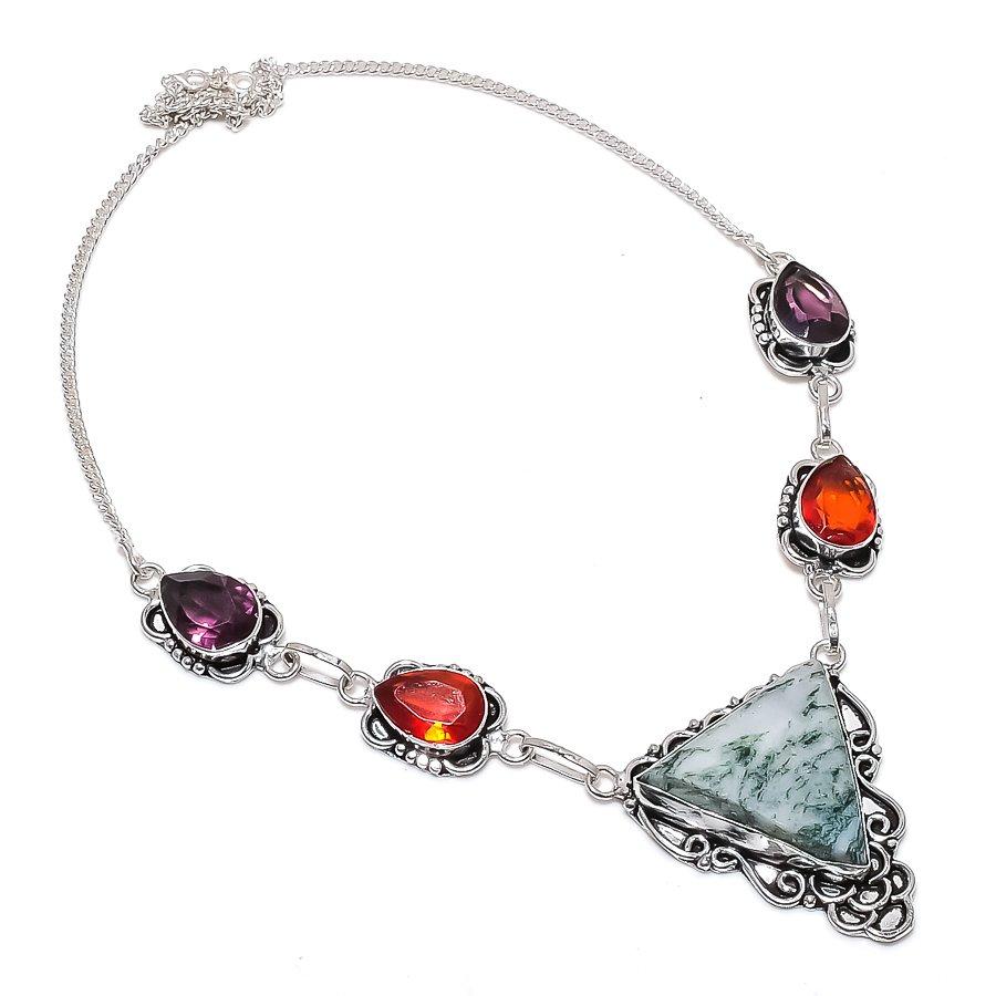 Tree Agate, Garnet Gemstone 925 Sterling Silver Jewelry Necklace 18"