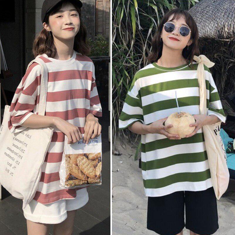 Korean Loose Round Neck Striped Casual Half Sleeve T-shirt Black And White Strip 2XL