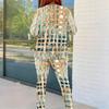 Women Plus Size Striped Printed Round Neck Long Sleeve Top And Fitted Pants Two Piece Set