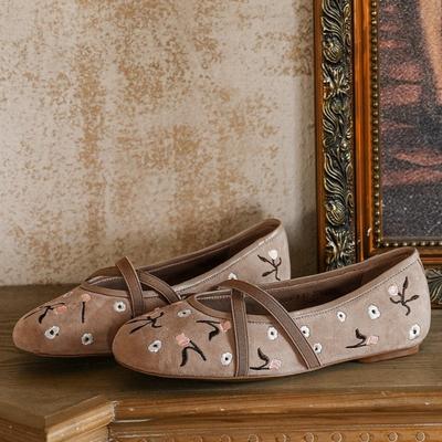 Stickerei Blumen Ballerinas Schuhe Damen Vintage Kreuzband Runde Spitze Slip-on Loafer Frühling Herbst Flache Mary Jane Schuhe