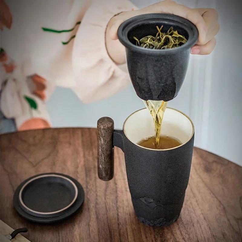 Ceramic Mugs Retro Tea Cup Luxury Large Capacity with Cover Wooden Handle Office Thermal Mug Personalized Gifts Home Drinkware