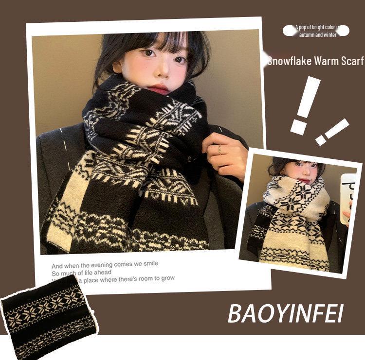 Women's Snowflake Double-Sided Knitted Scarf - Thick, Warm Vintage Shawl for Autumn/Winter In Korean Style
