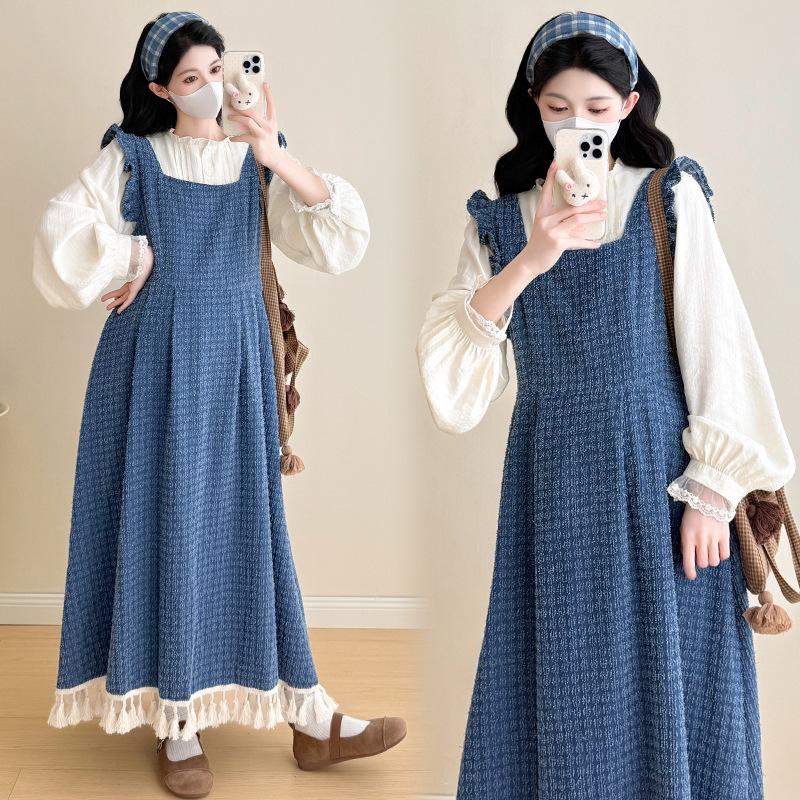2026 Spring Tassel Plaid Maternity Denim Skirt & Lace Trim Shirt Set M