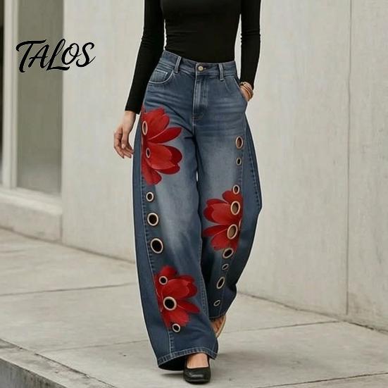 Women Wide Leg Pants High Waisted Jeans, Vintage Floral Print Faux Denim Casual with Pockets Trousers, Loose Fit & Metal Eyelets Street Style Clothing