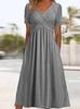 Women's V Neck Short Sleeve Empire Waist Solid Color Ruched Midi Dress Casual A Line Dress