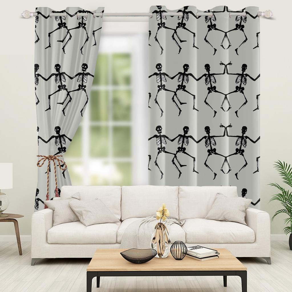Set Of 2 Halloween Skull Theme Curtains Thermal Insulation Home Interior Horror Bedroom Window Curtain Light Blocking For Made Polyester