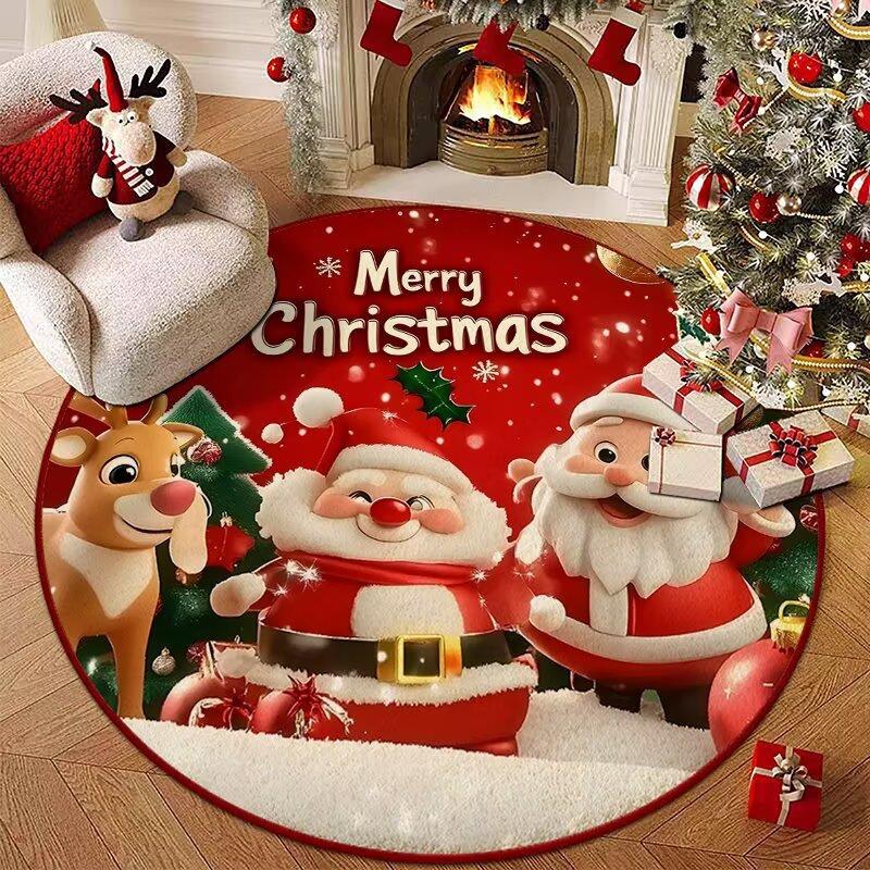 Christmas Joyful Santa Claus Gift Boxes Carpet Mat Round Red Candy Canes Rug Festive Non-slip Home Decoration for Living Room