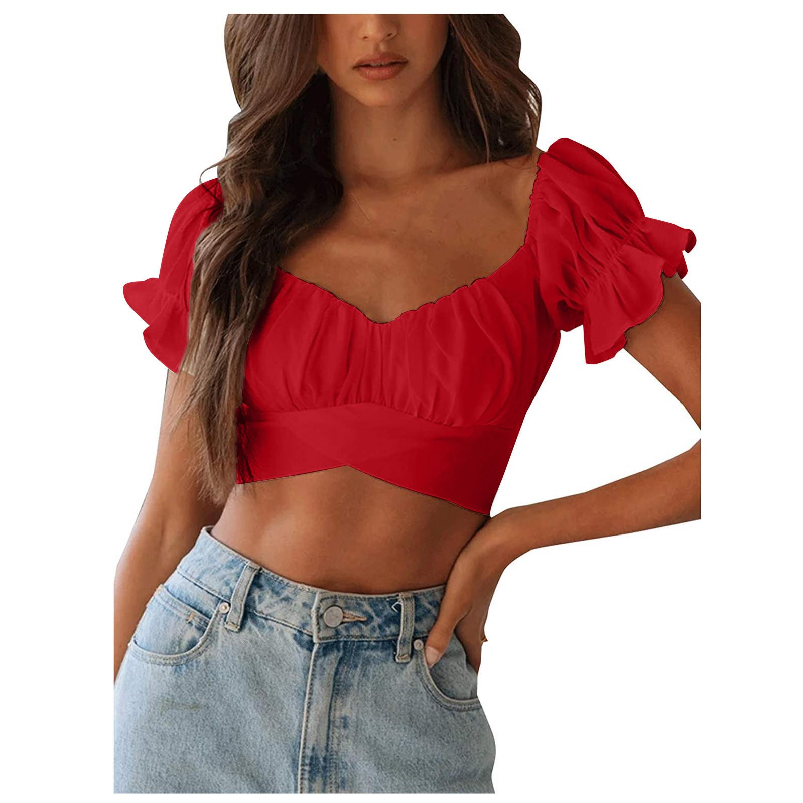 

Women s Fashion Ruffle Short Sleeve Off Shoulder Tie Up Back Crop Blouse Tops S червоний