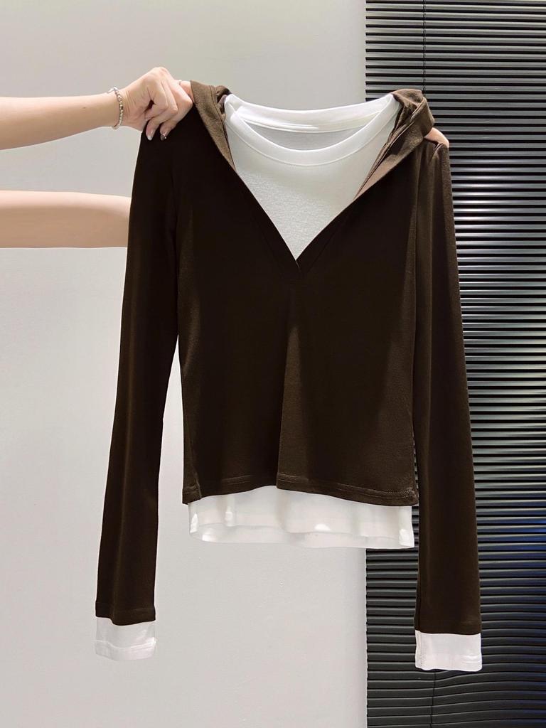 Women's Slimming Hooded Long-Sleeve Two-Piece Faux T-Shirt for Autumn 2025, Base Layer Top