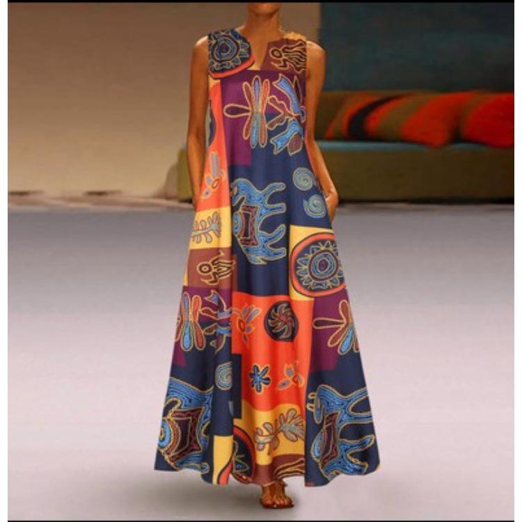 

Sleeveless Pocket Summer Vintage Print Color Block Cotton Linen Comfortable Dress Lightweight High Recognition Elegant with Flattering Chic Dress 5XL