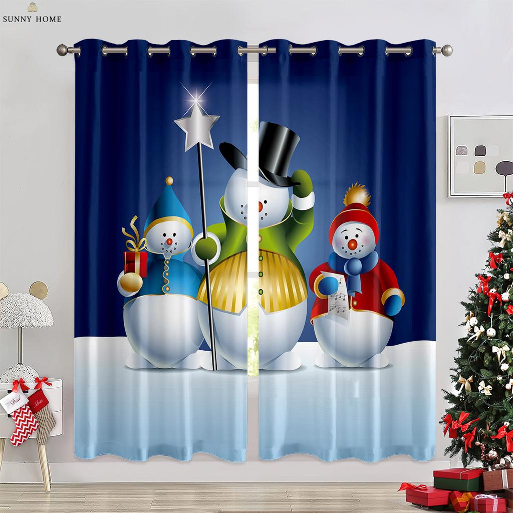Cute Cartoon Snowman Christmas Decoration Curtains Bedroom Restaurant New Year Holiday Party Decoration Curtains 2 Pieces